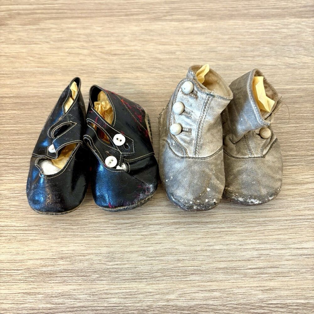 Antique Baby Shoes Lot of 2 Pairs, Victorian Edwardian Infant Leather Mary Janes